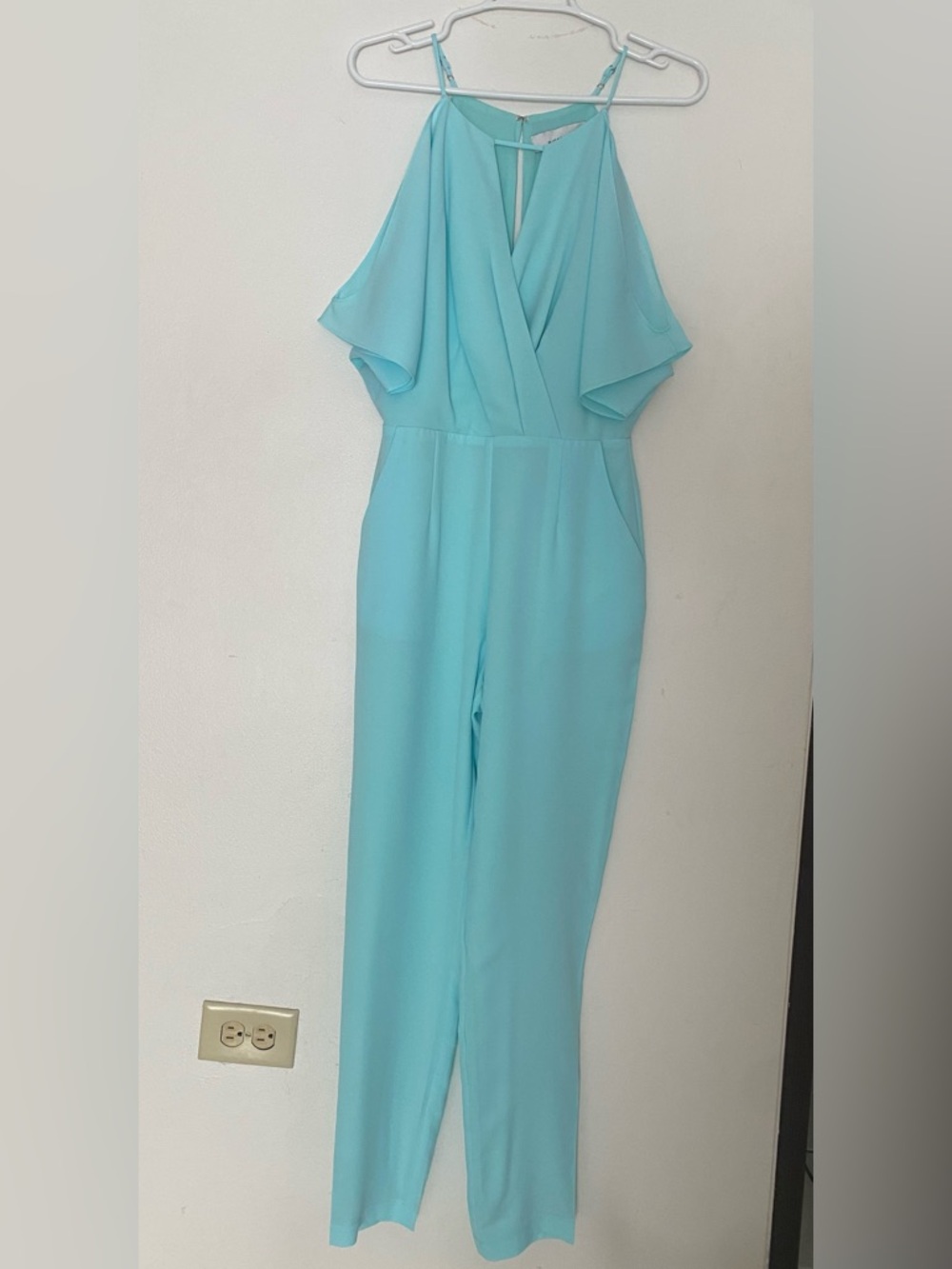 Adelyn Rae Aqua Blue Halter Jumpsuit with Flutter Sleeves